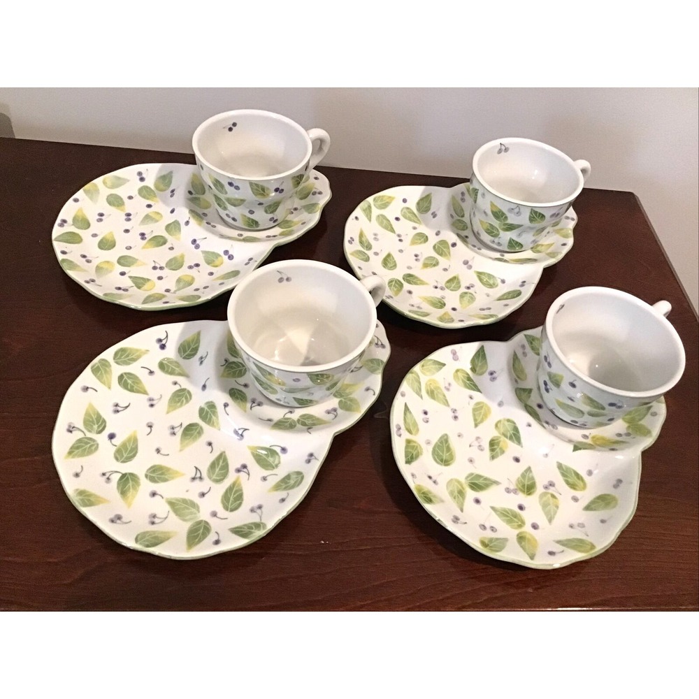 Tea Cups & Snack Plates Porcelain Leaf Berries (4) Cottage Core Granny VTG Fairy